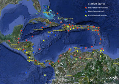 Existing and proposed GPS network design for COCONet. The fifty proposed Caribbean GPS stations are shown in red. Existing GPS stations with a high probablity of getting free and open data access are shown in blue. [more]Stations in yellow are deemed critical for tectonic studies but are not included in this proposal due to difficulties associated with working in Venezuela.